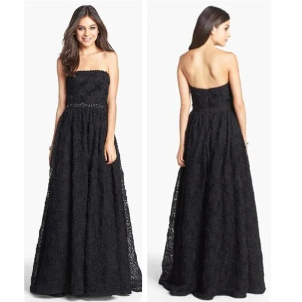 Adrianna Papell Strapless Soutache Black Rosette Tulle Gown